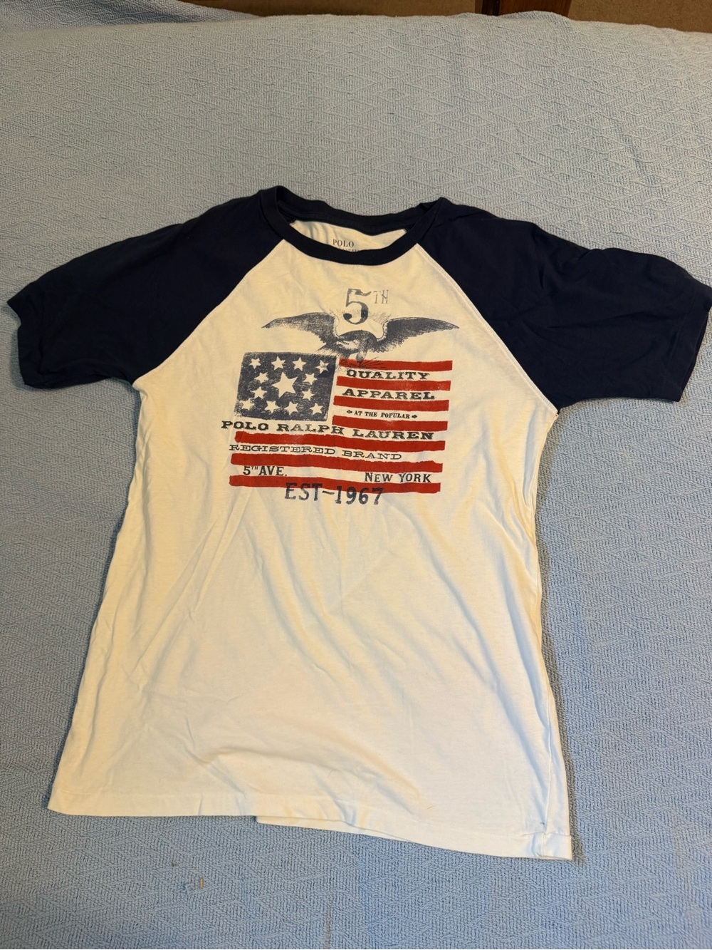 Polo by Ralph Lauren White Tee with Navy Raglan Sleeves and Flag Graphic